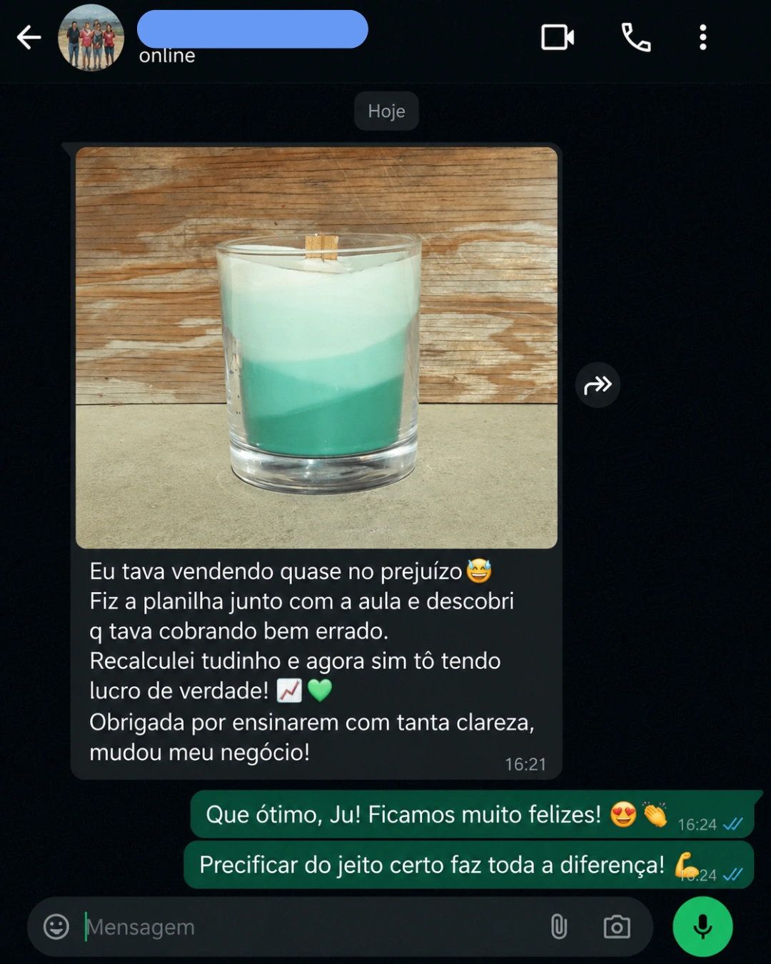 Depoimento de aluna no WhatsApp